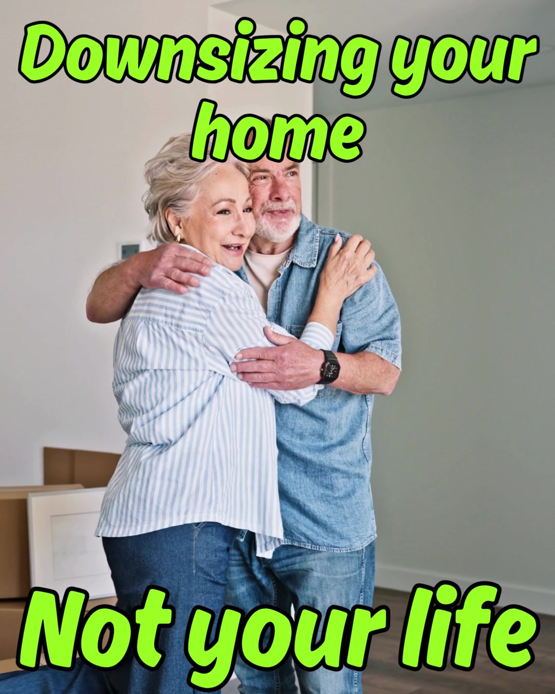 A couple sharing a quiet hug while downsizing their home