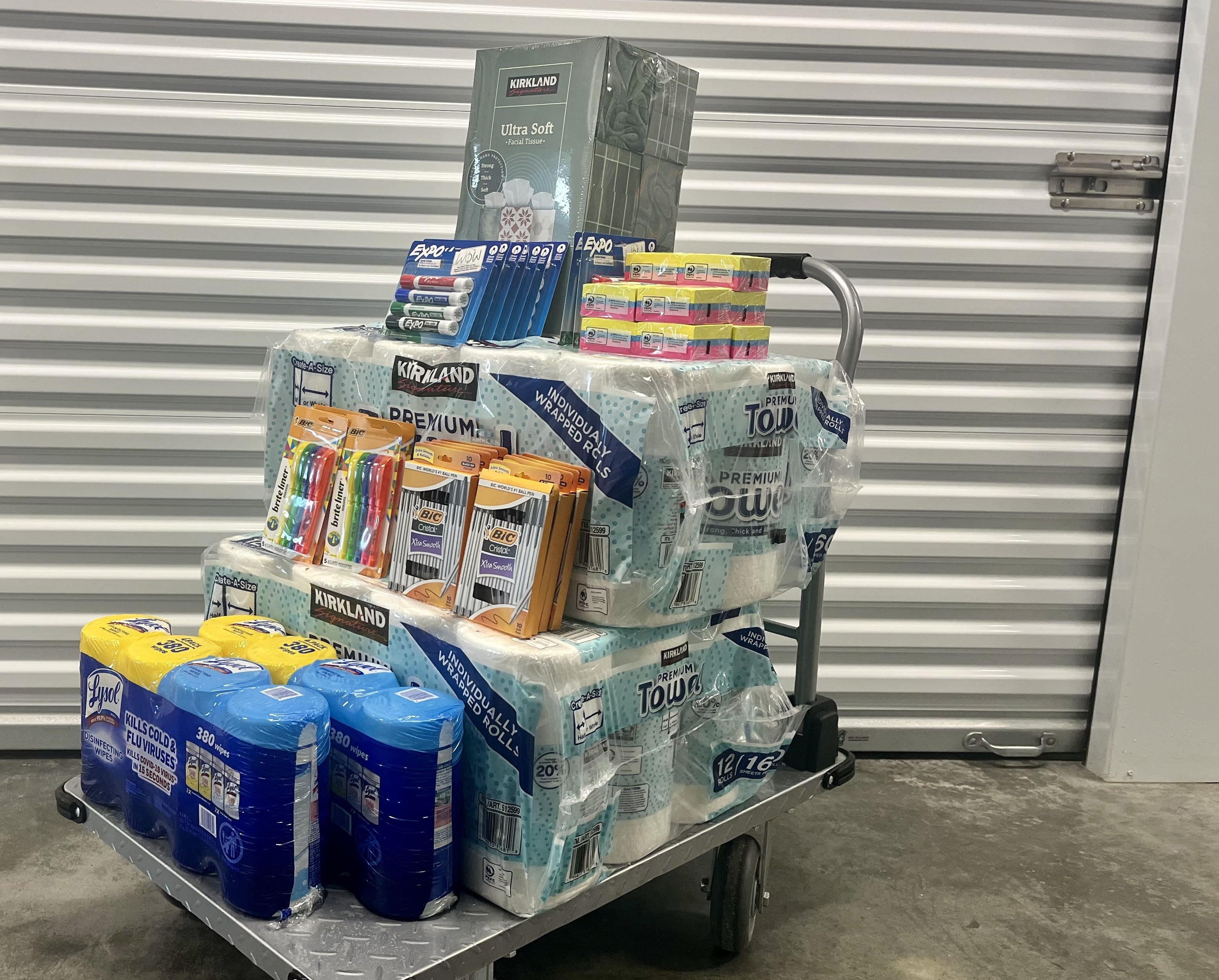 A cart of donated school supplies for Montevideo Middle School PTSA