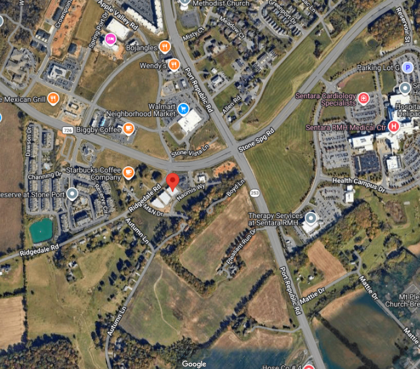 Aerial map showing the Stone Spring Storage location in Harrisonburg