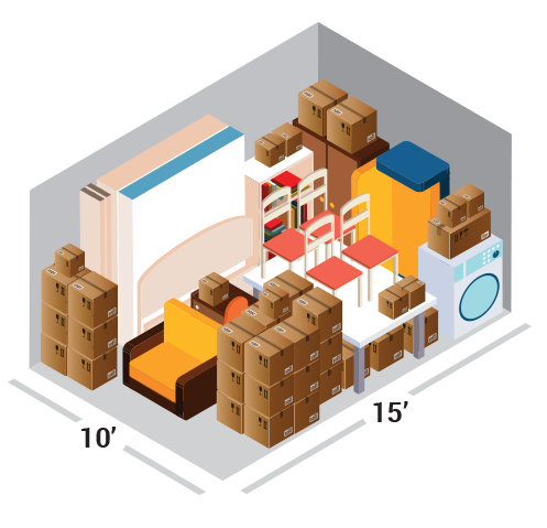 Illustrated 10x15 storage unit packed with furniture and boxes